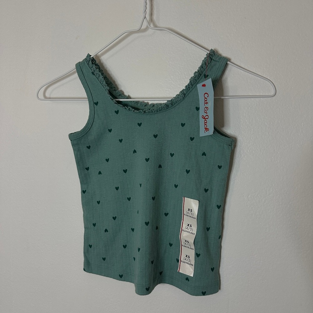 Cat & Jack Girls Tank Top XS 4/5 Green Heart Print Sleeveless NWT